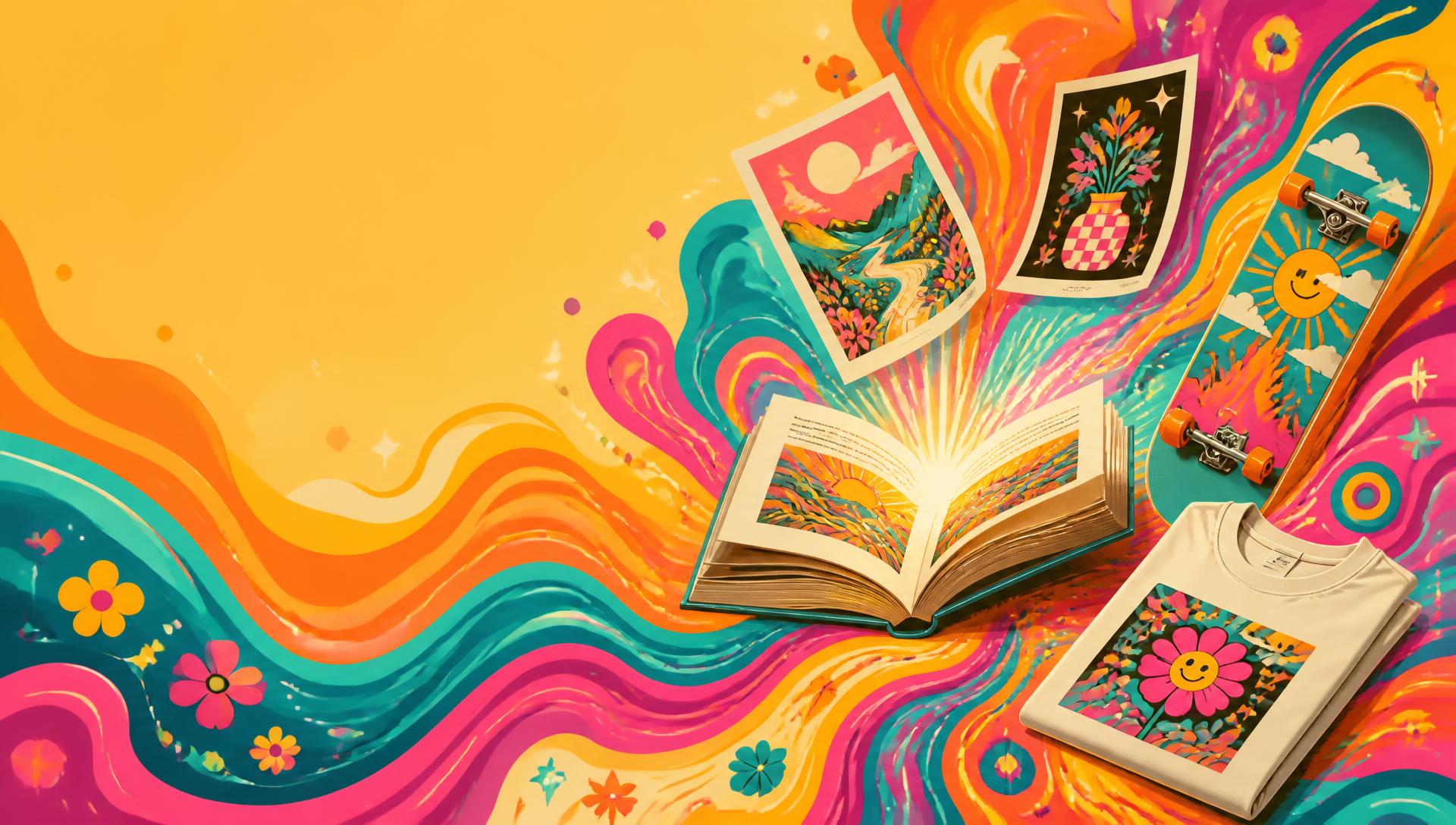 Colorful arrangement of Jett's books, apparel and art prints
